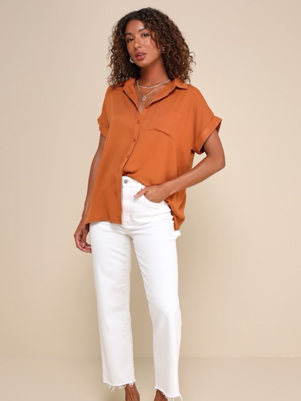 Lulu’s Blythe Rust Brown Short Sleeve Button Down Collared Shirt Top
